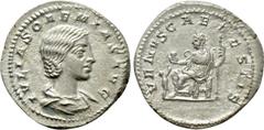 Roman Imperial Coins JULIA SOAEMIAS (Augusta, 218-222). Denarius. Rome. Obv: IVLIA SOAEMIAS AVG. Draped bust right. Rev: VENVS CAELESTIS. Venus seated left on throne, holding apple and sceptre; to lef