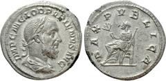 Roman Imperial Coins PUPIENUS (238). Denarius. Rome. Obv: IMP C M CLOD PVPIENVS AVG. Laureate, draped and cuirassed bust right. Rev: PAX PVBLICA. Pax seated left on throne, holding branch and sceptre.