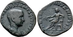 Roman Imperial Coins HOSTILIAN (Caesar, 250-251). Sestertius. Rome. Obv: C VALENS HOSTIL MES QVINTVS N C. Bareheaded and draped bust right. Rev: PRINCIPI IVVENTIS / S C. Apollo seated left on throne, 