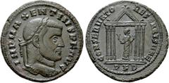 Roman Imperial Coins MAXENTIUS (307-312). Follis. Carthago. Obv: IMP MAXENTIVS P F AVG. Laureate head right. Rev: CONSERVATO RES KART SVAE / PKD. Hexastyle temple, containing Carthage standing facing,