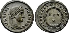 Roman Imperial Coins CRISPUS (Caesar, 316-326). Follis. Siscia. Obv: IVL CRISPVS NOB C. Laureate head right. Rev: CAESARVM NOSTRORVM / ΓSIS (star). VOT / V in two lines within wreath. RIC 161. Conditi