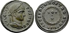 Roman Imperial Coins CRISPUS (Caesar, 316-326). Follis. Siscia. Obv: IVL CRISPVS NOB C. Laureate head right. Rev: CAESARVM NOSTRORVM / ESIS (star). VOT / V in two lines within wreath. RIC 161. Conditi