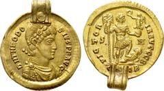Roman Imperial Coins THEODOSIUS I (379-395). GOLD Solidus. Sirmium. Obv: D N THEODOSIVS P F AVG. Pearl-diademed, darped and cuirassed bust right. Rev: VICTORIA AVGGG B / S - M / CONOB. Emperor standin