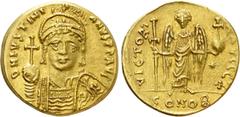 Byzantine Coins JUSTINIAN I (527-565). GOLD Solidus. Constantinople. Obv: D N IVSTINIANVS P P AVG. Helmeted and cuirassed bust facing, holding globus cruciger and shield decorated with horseman motif.