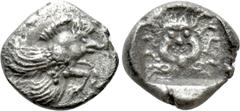 Greek Coins IONIA. Klazomenai. Hemibol (Circa 5th century BC). Obv: Forepart of winged boar right. Rev: Facing gorgoneion, tongue protruding, within incuse square. SNG Copenhagen - (Cf. 12; diobol and
