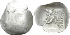 Greek Coins LYCIA or CARIA. Uncertain. Tetartemorion (Circa 5th century BC). Obv: Two Lycian (?) letters; otherwise plain. Rev: Forepart of bull left within incuse square. Cf. SNG Kayhan 968-75; Cf. S