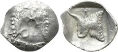 Greek Coins LYCIA or CARIA. Uncertain. Tetartemorion (Circa 5th century BC). Obv: Confronted heads of two bulls. Rev: Forepart of bull left within incuse square. Cf. SNG Kayhan 968-75; Cf. SNG Turkey,