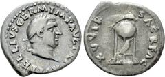 Roman Imperial Coins VITELLIUS (69). Denarius. Rome. Obv: A VITELLIVS GERM IMP AVG TR P. Laureate head right. Rev: XV VIR SACR FAC. Tripod surmounted by dolphin right; below, raven right. RIC² 109. Co