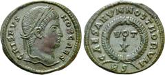 Roman Imperial Coins CRISPUS (Caesar, 316-326). Follis. Rome. Obv: CRISPVS NOB CAES. Laureate head right. Rev: CAESARVM NOSTRORVM. VOT / X in two lines within decorated wreath; RS. RIC 240. Condition: