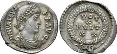 Roman Imperial Coins VALENS (364-378). Siliqua. Nicomedia. Obv: D N VALENS P F AVG. Diademed, draped and cuirassed bust right. Rev: VOT / X / MVLT / XX in four lines within wreath; SMN. RIC 22b. Condi