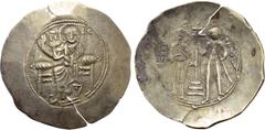 Byzantine Coins JOHN II COMNENUS (1118-1143). EL Aspron Trachy. Constantinople. Obv: IC - XC. Christ Pantokrator seated facing on throne. Rev: John and St. George, holding sword-in-scabbard, standing 