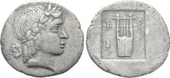 Roman Provincial Coins LYCIA. Lycian League. Kragos. Hemidrachm (Circa 30-27 BC). Obv: [Λ Υ]. Laureate head of Apollo right. Rev: K - P. Lyre; grain ear to left; all within rectangular incuse. RPC I 3
