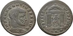 Roman Imperial Coins MAXENTIUS (307-312). Follis. Aquileia. Obv: IMP C MAXENTIVS P F AVG. Laureate head right. Rev: CONSERV VRB SVAE / AQ P. Roma seated facing in hexastyle temple, head left, holding 