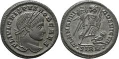 Roman Imperial Coins CRISPUS (Caesar, 316-326). Follis. Sirmium. Obv: FL IVL CRISPVS NOB CAES. Laureate head right. Rev: ALAMANNIA DEVICTA / • SIRM •. Victory advancing right, holding trophy and palm 