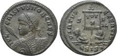 Roman Imperial Coins CRISPUS (316-326). Follis. Siscia. Obv: IVL CRISPVS NOB CAES. Laureate and cuirassed bust left, holding spear and shield. Rev: VIRTVS EXERCIT / S F HL / ESIS (star). Two captives 