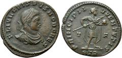 Roman Imperial Coins CRISPUS (Caesar, 316-326). Follis. Treveri. Obv: F L IVL CRISPVS NOB CAES. Laureate, draped and cuirassed bust right. Rev: PRINCIPI IVVENTVTIS / T - F / BTR. Emperor standing righ