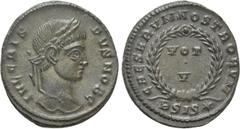 Roman Imperial Coins CRISPUS (Caesar, 316-326). Follis. Siscia. Obv: IVL CRISPVS NOB C. Laureate head right. Rev: CAESARVM NOSTRORVM / BSIS (star). VOT / V in two lines within wreath. RIC 161. Conditi