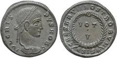 Roman Imperial Coins CRISPUS (Caesar, 316-326). Follis. Siscia. Obv: IVL CRISPVS NOB C. Laureate head right. Rev: CAESARVM NOSTRORVM / ESIS (star). VOT / V in two lines within wreath. RIC 161. Conditi