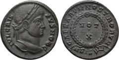 Roman Imperial Coins CRISPUS (Caesar, 316-326). Follis. Siscia. Obv: IVL CRISPVS NOB C. Laureate head right. Rev: CAESARVM NOSTRORVM / ASIS (sun). VOT / X in two lines within wreath. RIC 181. Conditio