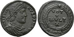 Roman Imperial Coins JOVIAN (363-364). Ae. Sirmium. Obv: D N IOVIANVS P F AVG. Diademed, draped and cuirassed bust right. Rev: VOT / V / MVLT / X / ASIRM. Legend in four lines within wreath. RIC 118. 