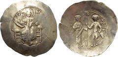 Byzantine Coins JOHN II COMNENUS (1118-1143). EL Aspron Trachy. Thessalonica. Obv: IC - XC. Christ Pantokrator seated facing on throne. Rev: John and St. George standing facing, holding labarum betwee