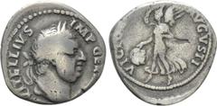 Roman Imperial Coins VITELLIUS (69). Denarius. Lugdunum. Obv: A VITELLIVS IMP GERMAN. Laureate head right, with globus at point of neck. Rev: VICTORIA AVGVSTI. Victory advancing left, holding palm fro