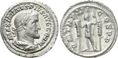 Roman Imperial Coins MAXIMINUS THRAX (235-238). Denarius. Rome. Obv: MAXIMINVS PIVS AVG GERM. Laureate, draped and cuirassed bust right. Rev: P M TR P III COS P P. Emperor standing left with spear, fl