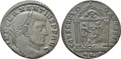 Roman Imperial Coins MAXENTIUS (307-312). Follis. Aquileia. Obv: IMP C MAXENTIVS P F AVG. Laureate head right. Rev: CONSERV VRB SVAE / AQΓ. Hexastyle temple, containing Roma seated left on throne, hol