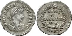 Roman Imperial Coins GRATIAN (367-383). Siliqua. Aquileia. Obv: D N GRATIANVS P F AVG. Diademed, draped and cuirassed bust right. Rev: VOTIS / X / MVLTIS / XX / AQPS•. Legend in four lines within wrea