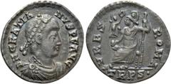 Roman Imperial Coins GRATIAN (367-383). Siliqua. Treveri. Obv: D N GRATIANVS P F AVG. Diademed, draped and cuirassed bust right. Rev: VRBS ROMA / TRPS•. Roma seated left on throne, holding victory on 