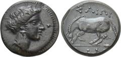 Greek Coins THESSALY. Larissa. Ae Dichalkon (Circa 370-360 BC) Obv: Head of the nymph Larissa right. Rev: ΛΑΡΙ / ΣΑΙΩΝ. Horse standing left, preparing to lie down. Rogers 294; BCD Thessaly II 277. Con