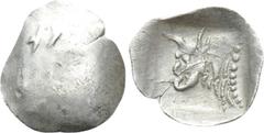 Greek Coins LYCIA or CARIA. Uncertain. Tetartemorion (Circa 5th century BC) Obv: Two Lycian (?) letters; otherwise plain. Rev: Forepart of bull left within incuse square. Cf. SNG Kayhan 968-75; Cf. SN