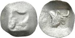 Greek Coins LYCIA or CARIA. Uncertain (?). Tetartemorion (Circa 5th century BC) Obv: Forepart of bull right. Rev: Incuse of obverse. SNG Kayhan -; SNG Turkey, Mugla Museum -; BMC -; SNG von Aulock -; 