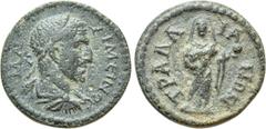 Roman Provincial Coins LYDIA. Tralleis. Maximinus Thrax (235-238). Ae Obv: MAΞIMЄINOC. Laureate, draped and cuirassed bust right. Rev: TPAΛΛIANΩN. Aphrodite standing facing, holding apple. RPC VI onli