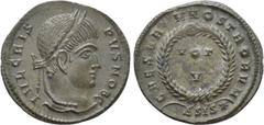Roman Imperial Coins CRISPUS (Caesar, 316-326). Follis. Siscia Obv: IVL CRISPVS NOB C. Laureate head right. Rev: CAESARVM NOSTRORVM / ΔSIS (star). VOT / V in two lines within wreath. RIC 161. Conditio