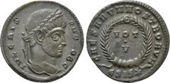 Roman Imperial Coins CRISPUS (Caesar, 316-326). Follis. Siscia Obv: IVL CRISPVS NOB C. Laureate head right. Rev: CAESARVM NOSTRORVM / ESIS (star). VOT / V in two lines within wreath. RIC 161. Conditio