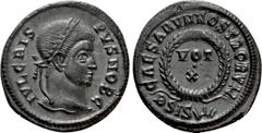 Roman Imperial Coins CRISPUS (Caesar, 316-326). Follis. Siscia Obv: IVL CRISPVS NOB C. Laureate head right. Rev: CAESARVM NOSTRORVM / BSIS (sun). VOT / X in two lines within wreath. RIC 181. Condition