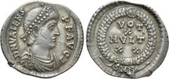 Roman Imperial Coins VALENS (364-378). Siliqua. Nicomedia Obv: D N VALENS P F AVG. Diademed, draped and cuirassed bust right. Rev: VOT / X / MVLT / XX in four lines within wreath; SMN. RIC 22b. Condit