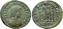 Roman Imperial Coins VALENTINIAN II (364-375). Ae. Siscia Obv: D N VALENTINIANVS P F AVG. Diademed, draped and cuirassed bust right. Rev: CONCORDIA AVGGG / B SISC. Roma seated facing, head left, holdi