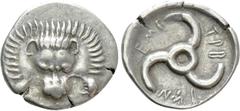 Greek Coins DYNASTS OF LYCIA. Trbbenimi (Circa 390-370 BC). Tetrobol. Uncertain mint. Obv: Facing scalp of lion. Rev: Triskeles within incuse circle. Müseler VIII.25-7; SNG von Aulock 4215. Condition: