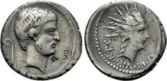 Roman Republican Coins MARK ANTONY. Denarius (42 BC). Military mint traveling with Antony in Italy. Obv: Bare head of Antony right; lituus to left. Rev: M ANTONIVS III VIR R P C. Radiate head of Sol r