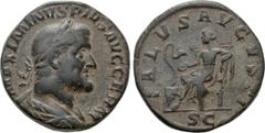 Roman Imperial Coins MAXIMINUS THRAX (235-238). Sestertius. Rome. Obv: MAXIMINVS PIVS AVG GERM. Laureate, draped and cuirassed bust right. Rev: SALVS AVGVSTI / S C. Salus seated left on throne, feedin