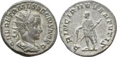 Roman Imperial Coins HERENNIUS ETRUSCUS (Caesar, 249-251). Antoninianus. Rome. Obv: Q HER ETR MES DECIVS NOB C. Radiate and draped bust right. Rev: PRINCIPI IVVENTVTIS. Herennius Etruscus standing lef