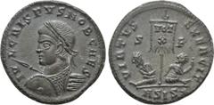 Roman Imperial Coins CRISPUS (Caesar, 316-326). Follis. Siscia. Obv: IVL CRISPVS NOB CAES. Laureate and cuirassed bust left, holding shield and spear. Rev: VIRTVS EXERCIT / S - F/ A SIS (star). Vexill