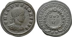 Roman Imperial Coins CRISPUS (Caesar, 316-326). Follis. Ticinum. Obv: CRISPVS NOB CAES. Laureate and cuirassed bust right. Rev: DOMINORVM NOSTRORVM CAESS / ST. VOT V in two lines within wreath. RIC 14