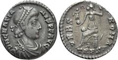 Roman Imperial Coins GRATIAN (367-383). Siliqua. Treveri. Obv: D N GRATIANVS P F AVG. Diademed, draped and cuirassed bust right. Rev: VRBS ROMA / TRPS•. Roma seated left on throne, holding victoriola 