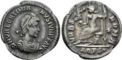 Roman Imperial Coins VALENTINIAN II (375-392). Siliqua. Aquileia. Obv: D N VALENTINIANVS IVN P F AVG. Diademed, draped and cuirassed bust right. Rev: VRBS ROMA / AQPS•. Roma seated left on cuirass, ho