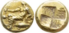 Greek Coins MYSIA. Kyzikos. EL 1/24 Stater (Circa 5th-4th centuries BC). Obv: Dionysos reclining left on panther skin, holding kantharos; shell to outer left; below, tunny left. Rev: Quadripartite inc
