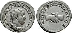 Roman Imperial Coins BALBINUS (238). Antoninianus. Rome. Obv: IMP CAES D CAE L BALBINVS AVG. Radiate, draped and cuirassed bust right. Rev: PIETAS MVTVA AVGG. Clasped hands. RIC 12. Condition: Very fi