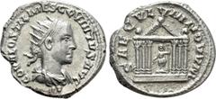 Roman Imperial Coins HOSTILIAN (Caesar, 250-251). Antoninianus. Antioch. Obv: C OVAL OSTIL MES COVINTVS CAESAR. Radiate and draped bust right; IIV below. Rev: SAECVLVM NOVVM. Hexastyle temple, contain